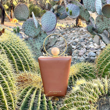 Load image into Gallery viewer, Brown leather handbag with gold chain on a background of cacti